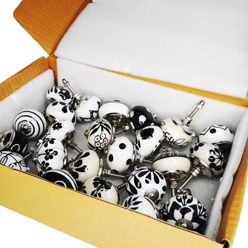 FOLK CRAFT Dresser Knobs for Drawers - Set of 25 Ceramic Cabinet Pull Handle Kitchen Cupboard Wardrobe Knob Boho Room Decorative Furniture Hardware - Black and White - Image 5
